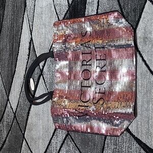VICTORIA SECRET SEQUINS SIGNATURE STRIPE CANVAS SHOULDER TOTE BAG